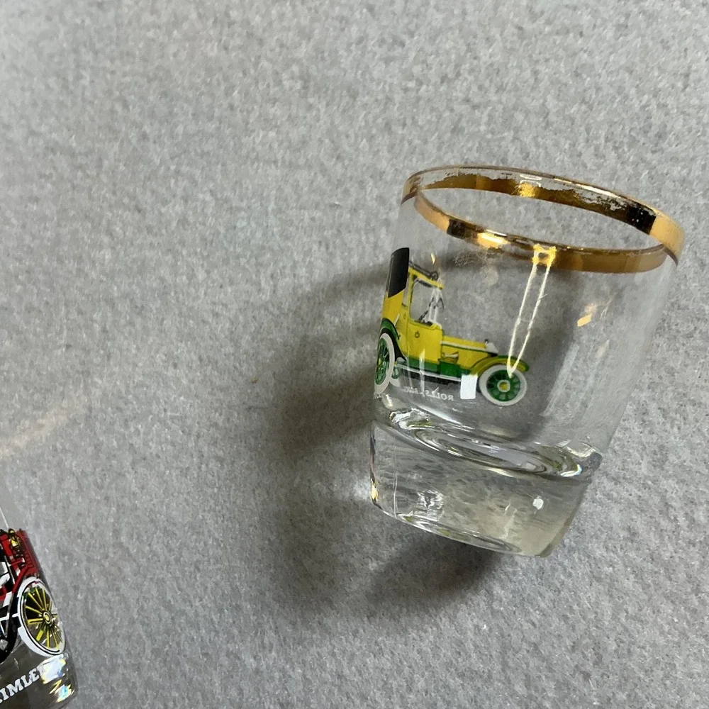 Vintage Car Shot Glass Set Gold Rim Barware 5pc Retro Auto Design‎